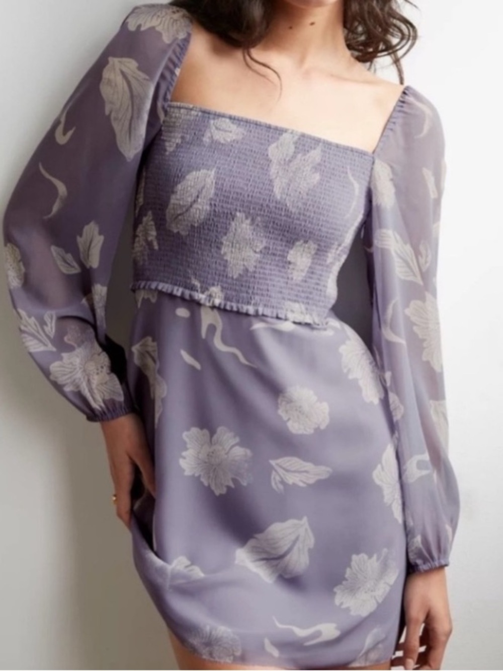 Aritzia Wilfred Villa Mini Dress Size 2 Lavender Floral Smocked Puff Sleeve